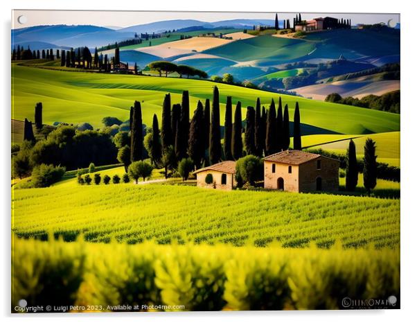 Farmhouse among rolling hills of Tuscany. Acrylic by Luigi Petro