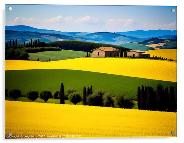 Farmhouse among  the rolling hills of Tuscany, Italy. Acrylic by Luigi Petro