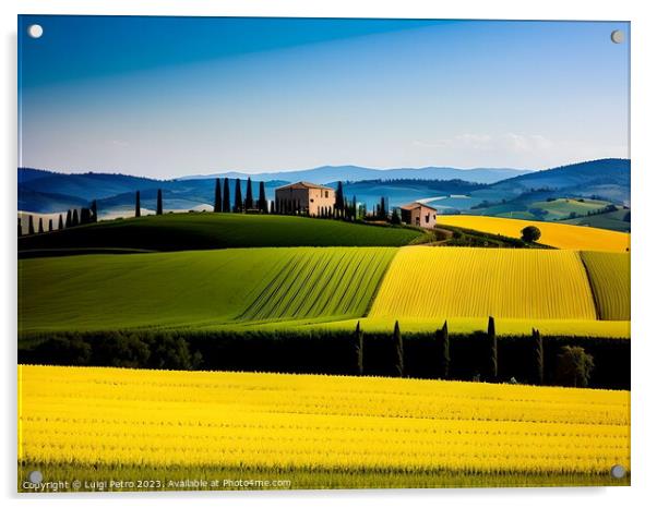 Farmhouse among  the rolling hills of Tuscany, Italy. Acrylic by Luigi Petro