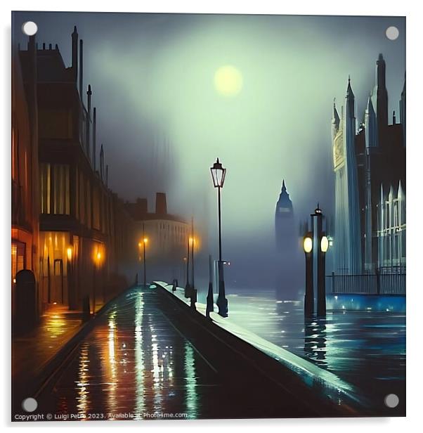 Night city scene of a street flooded with water on Acrylic by Luigi Petro