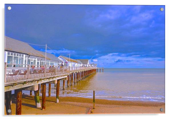 Southwold Pier, beach and sea  Acrylic by Sue Bottomley