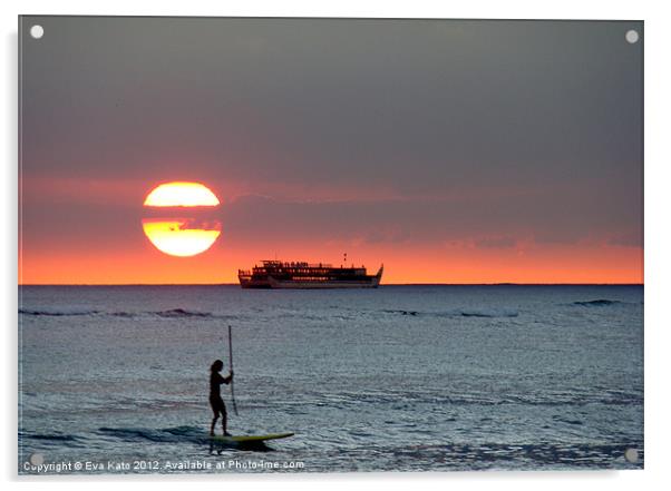 Waikiki Sunset Surfer Acrylic by Eva Kato