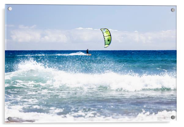 Kitesurfer on blue seas at  El Medano Tenerife Acrylic by Phil Crean