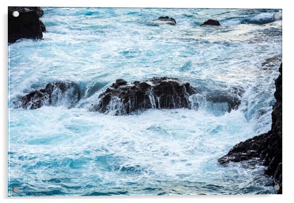 Wild seas rushing over rocks, Tenerife Acrylic by Phil Crean