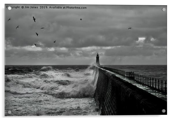 Rough Seas at Tynemouth Pier (B&W) Acrylic by Jim Jones