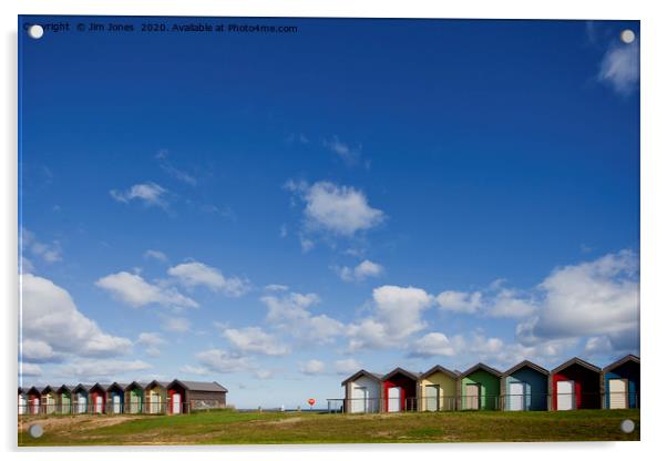 Big Blue Sky and Beautiful Blyth Beach Huts Acrylic by Jim Jones