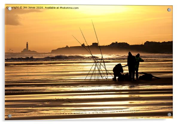 Fishermen on the beach at sunrise Acrylic by Jim Jones