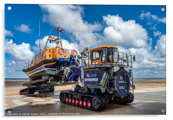 Launching Rhyl Lifeboat Acrylic by Adrian Evans