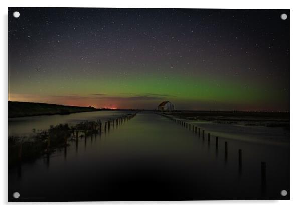 A high Spring tide and the Northern lights over the old coal barn Acrylic by Gary Pearson