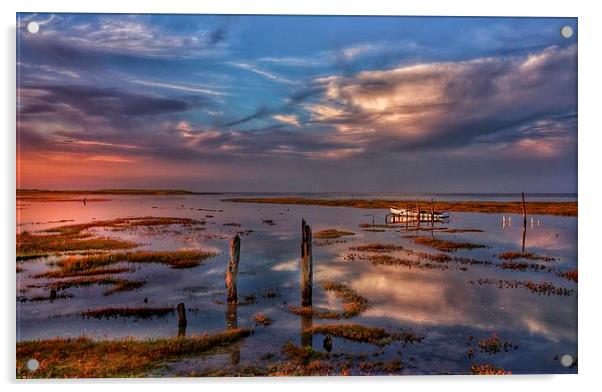 Thornham marsh sunset reflections Acrylic by Gary Pearson