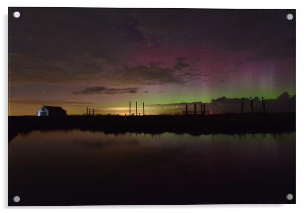 Northern lights over the old coal barn - Thornham, Acrylic by Gary Pearson