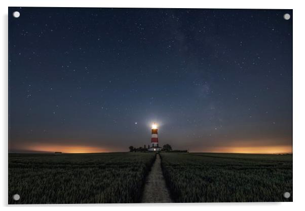 Happisburgh lighthouse under the stars and Milky W Acrylic by Gary Pearson