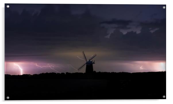 Lightning over Burnham Overy Staithe mill  Acrylic by Gary Pearson