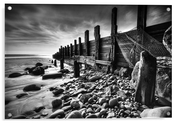 Amroth Beach Groins B&W Acrylic by Ben Fecci