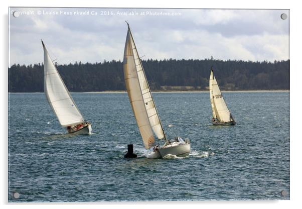 A sailing yacht rounds a buoy in a close sailing r Acrylic by Louise Heusinkveld