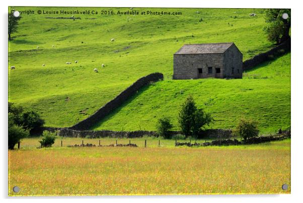 Stone barn and sheep grazing on a steep hillside,  Acrylic by Louise Heusinkveld