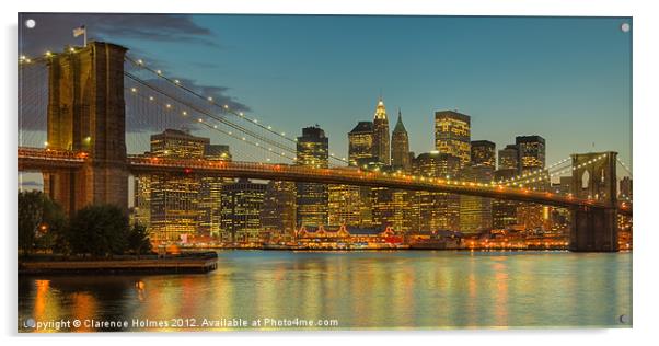 Brooklyn Bridge Twilight Panoramic Acrylic by Clarence Holmes