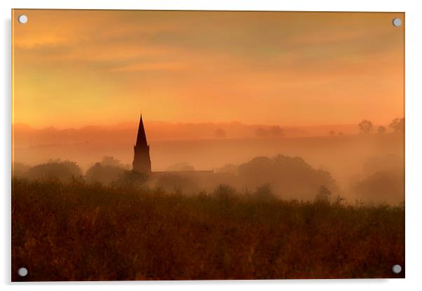 Church spire in the mist, Acrylic by Robert Fielding