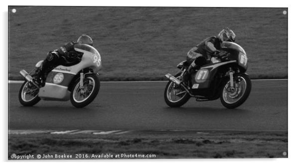 Racing bikes at Snetterton racetrack  Acrylic by John Boekee