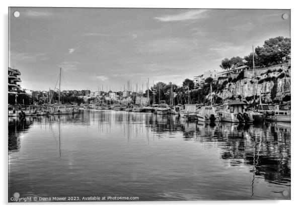 Porto Cristo Harbour Mallorca Monochrome  Acrylic by Diana Mower