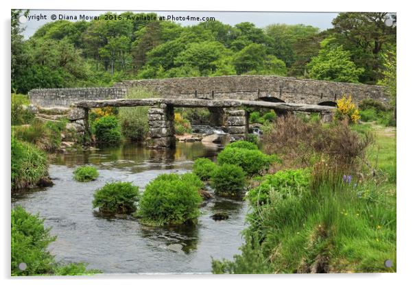 The two bridges at  Postbridge. Dartmoor Acrylic by Diana Mower