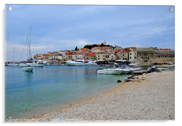 Primosten Beach Croatia with view of the old town Acrylic by Diana Mower