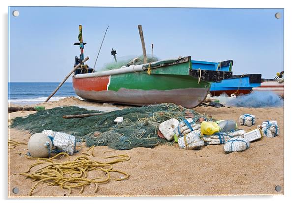 Fishermans boats moored Calangute Beach Goa Acrylic by Arfabita  