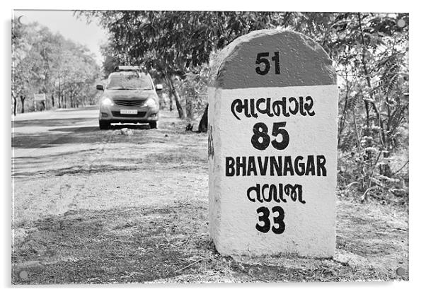 MPV 85 kms Bhavnagar milestone rural landscape Acrylic by Arfabita  