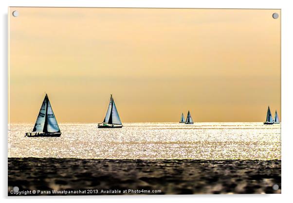 Sailboats and the Golden Sky Acrylic by Panas Wiwatpanachat