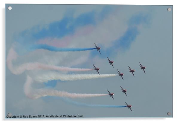 Red arrows flyby Acrylic by Roy Evans