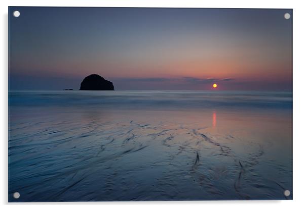 Gull Rock Sunset, Trebarwith Strand Acrylic by Ashley Chaplin