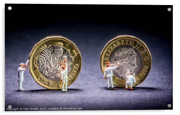 Lilliputian Workforce Polishing Pound Coins Acrylic by Mike Shields