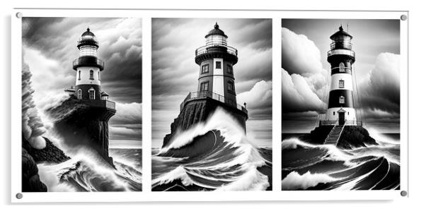 Three Lighthouses pounded by heavy seas Acrylic by Mike Shields
