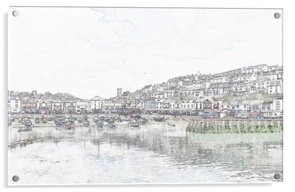 Brixham harbour pencil effect Acrylic by Anthony Kellaway
