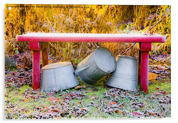 Zinc tubs under bench in autumn Acrylic by Kathleen Smith (kbhsphoto)