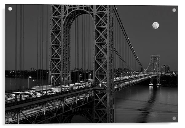 George Washington Bridge Moon Rise BW Acrylic by Susan Candelario