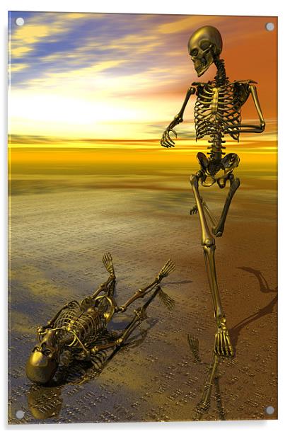 Surreal skeleton jogging past prone skeleton with  Acrylic by Nicholas Burningham