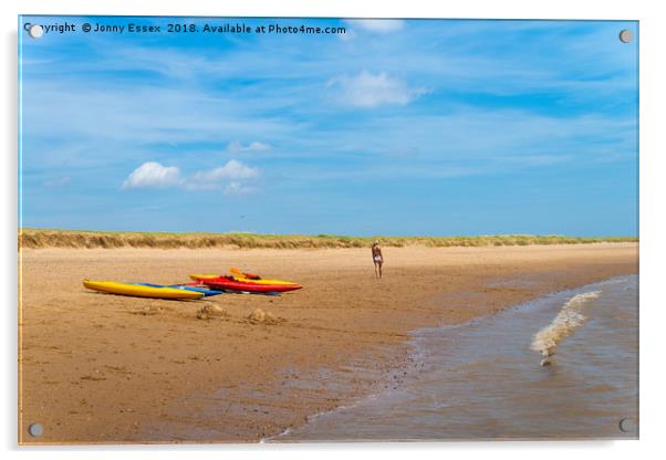 A stroll along the beach past some kayaks, canoes Acrylic by Jonny Essex