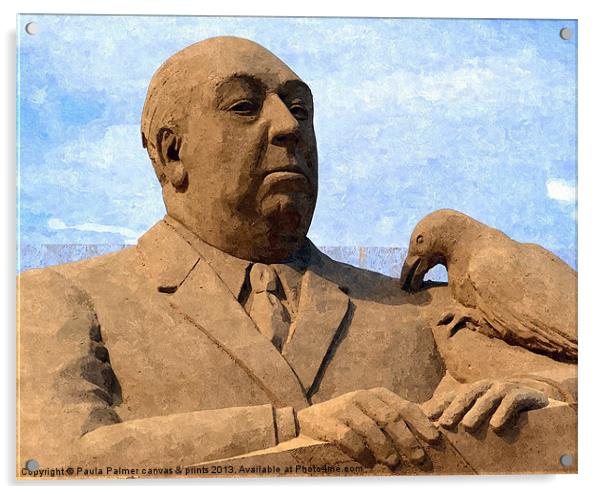 Sand sculpture of Alfred Hitchcock Acrylic by Paula Palmer canvas