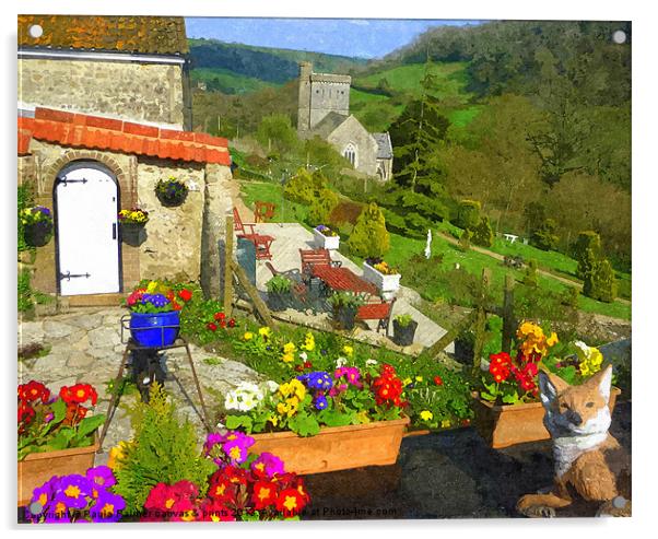 Garden view to Branscombe church Acrylic by Paula Palmer canvas