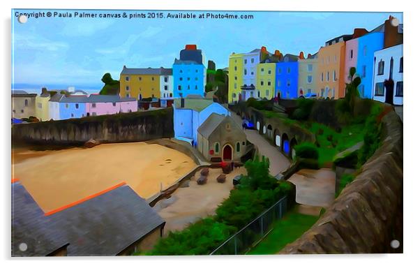 Picturesque,pastel houses in Tenby harbour Acrylic by Paula Palmer canvas