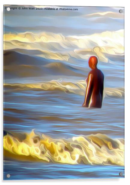 Heavy sea and a Gormley Iron man(Digital Painting) Acrylic by John Wain