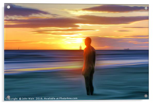 A Gormley Iron man at sunset Acrylic by John Wain