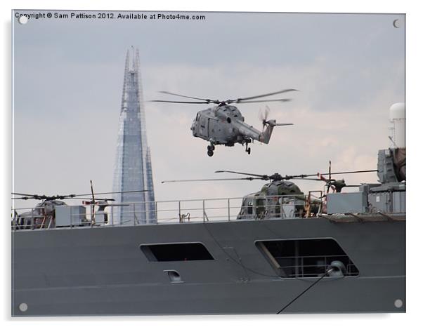 HMS Ocean,the Shard and a helicopter. Acrylic by Sam Pattison