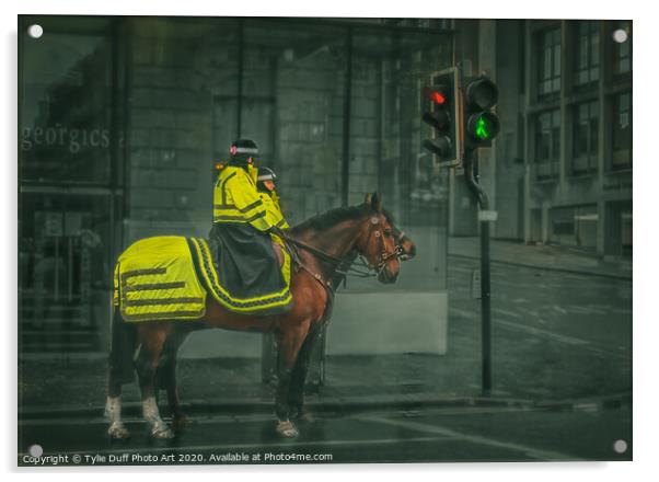 Police Horses At Glasgow Traffic Lights Acrylic by Tylie Duff Photo Art