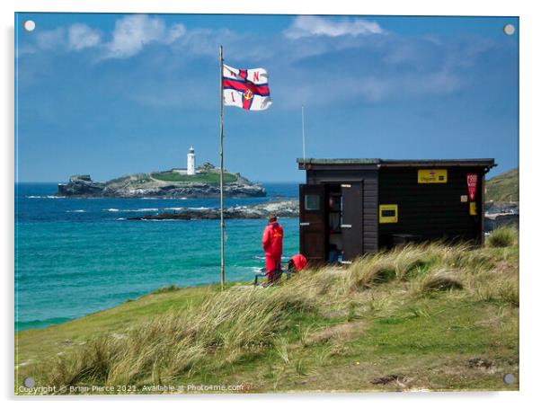 RNLI Lifeguards keep an eye on bathers at Gwithian Acrylic by Brian Pierce