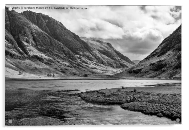 Loch Achtriochtan in glencoe monochrome Acrylic by Graham Moore