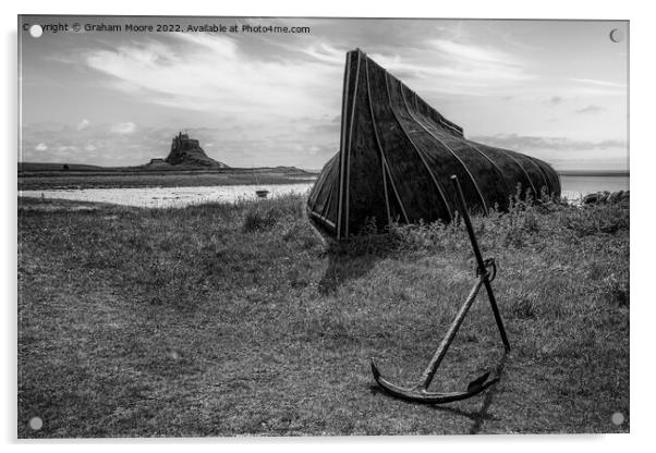 lindisfarne castle from the boat sheds monochrome Acrylic by Graham Moore