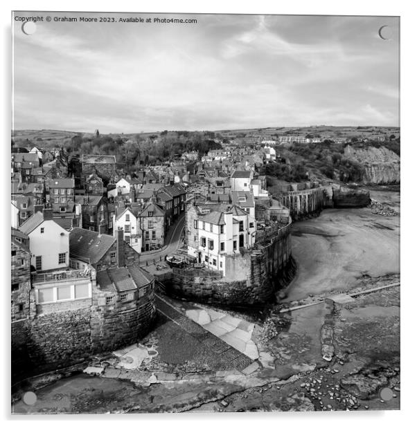 Robin Hoods Bay elevated view monochrome Acrylic by Graham Moore