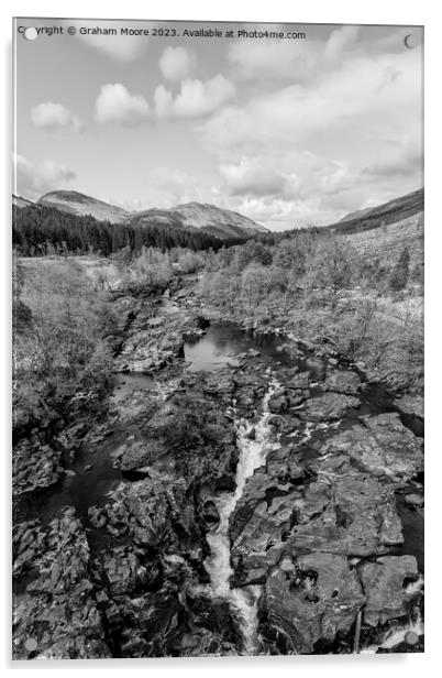 Falls of Orchy elevated view monochrome Acrylic by Graham Moore